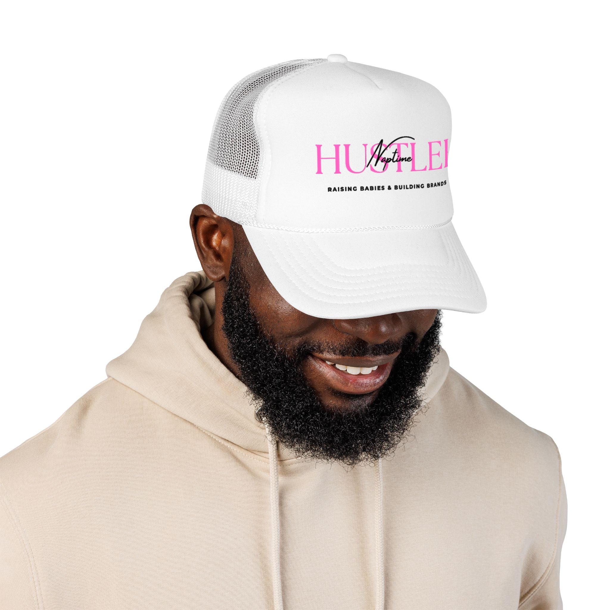 Hustler Mom Trucker Hat — "Raising Babies & Building Brands" Pink Foam Cap
