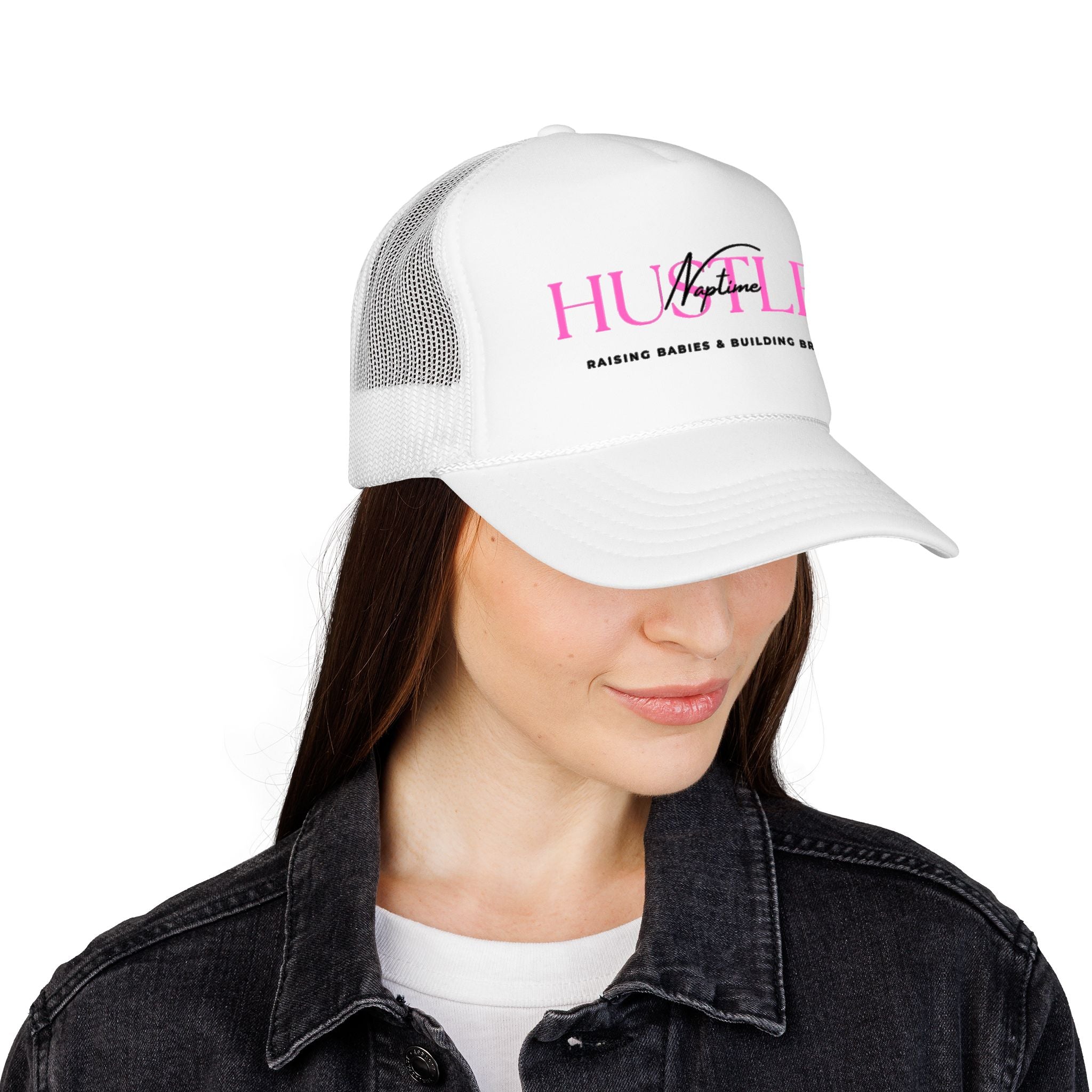 Hustler Mom Trucker Hat — "Raising Babies & Building Brands" Pink Foam Cap