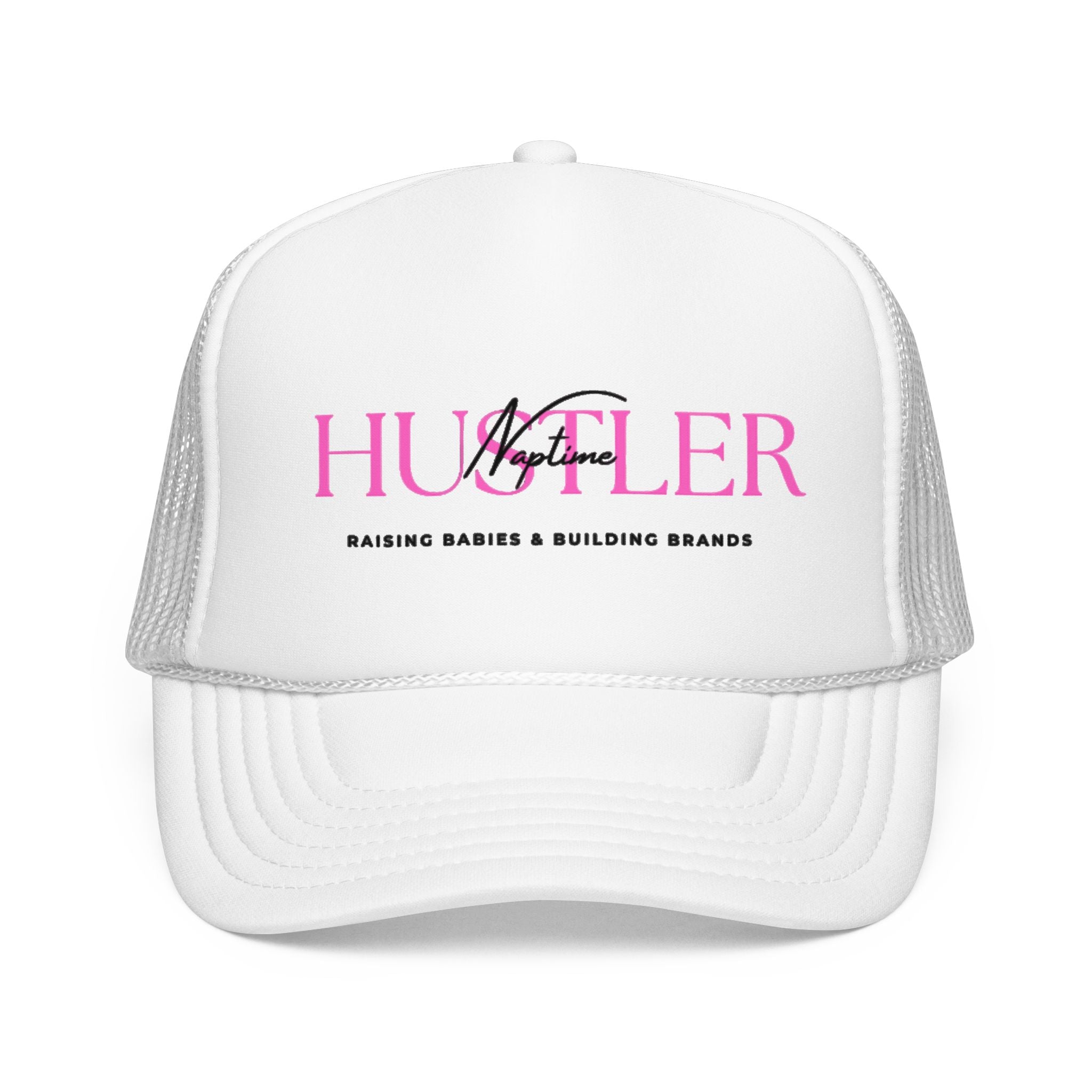 Hustler Mom Trucker Hat — "Raising Babies & Building Brands" Pink Foam Cap