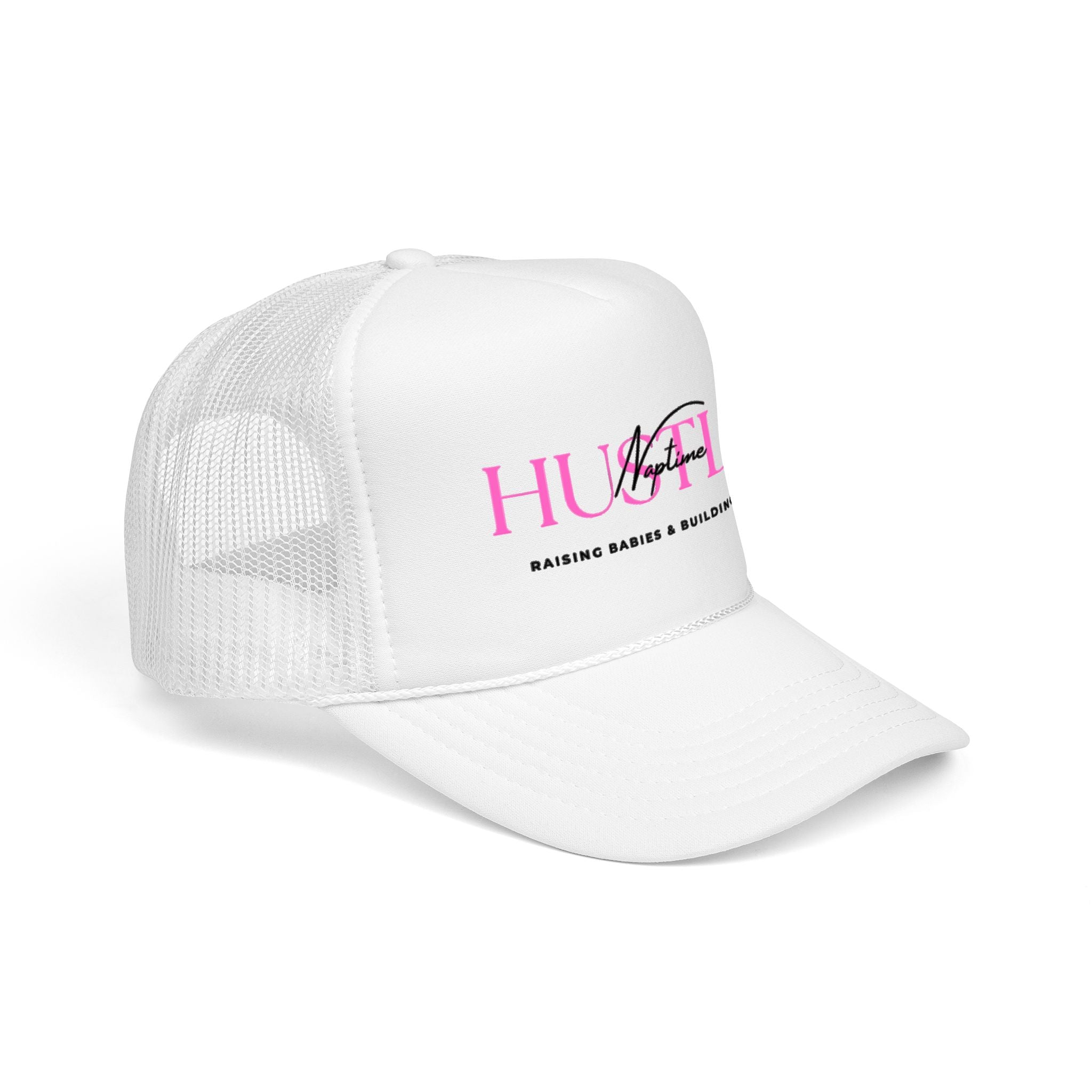 Hustler Mom Trucker Hat — "Raising Babies & Building Brands" Pink Foam Cap