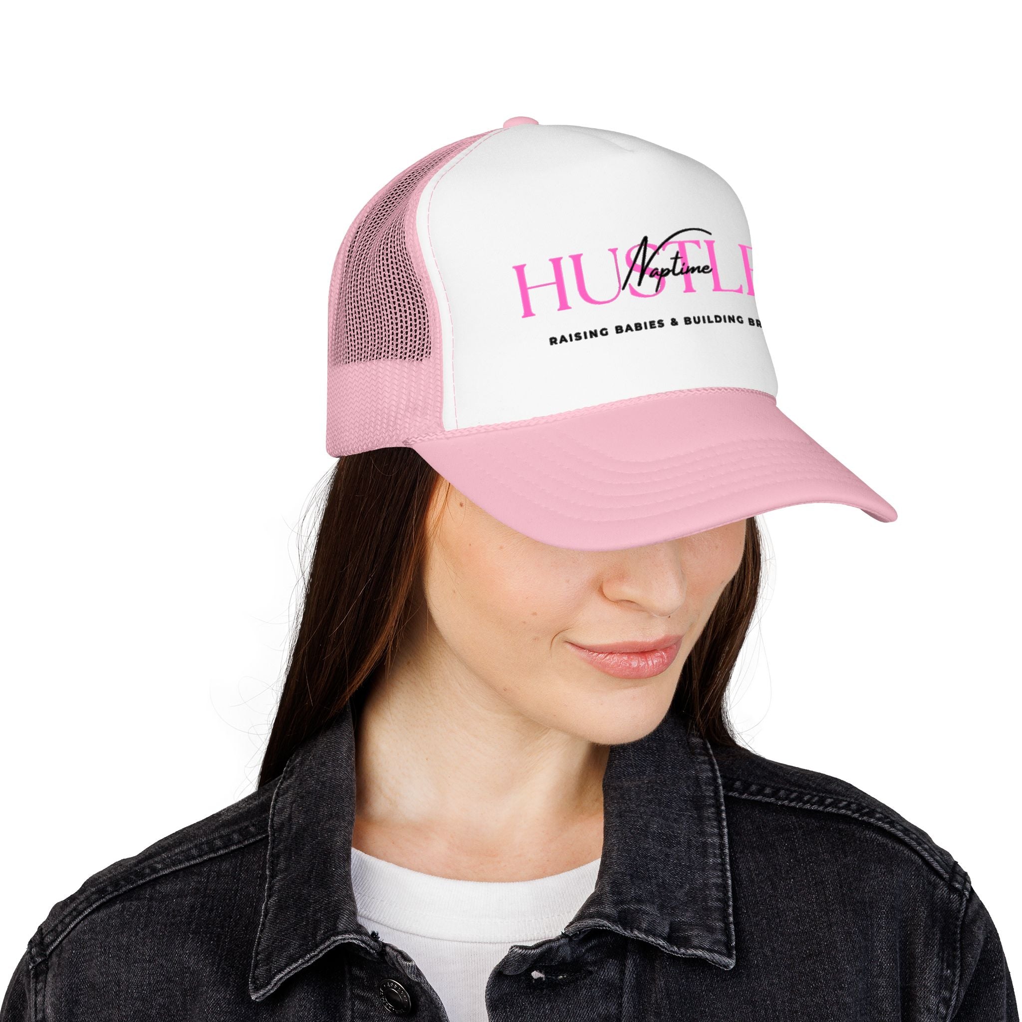 Hustler Mom Trucker Hat — "Raising Babies & Building Brands" Pink Foam Cap