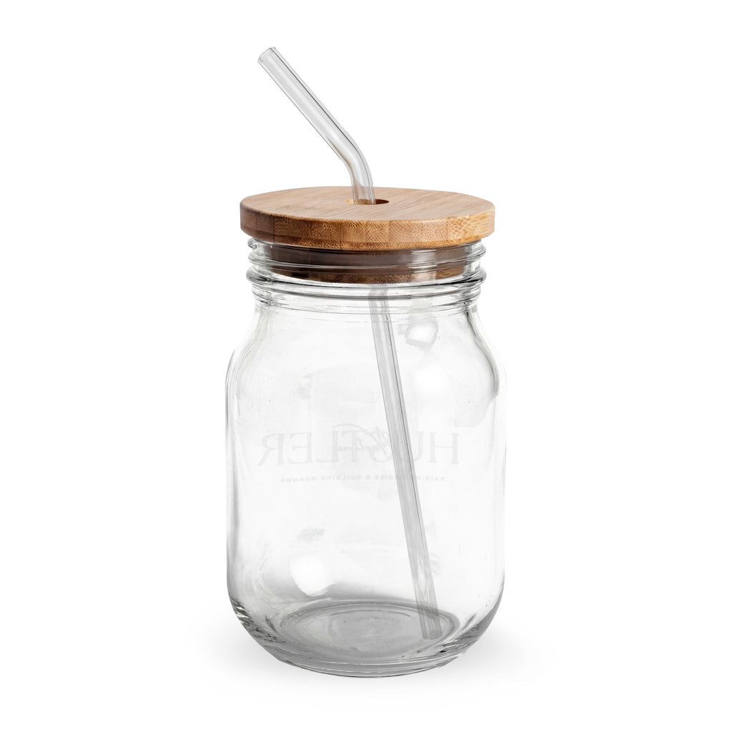 Engraved 16oz Glass Sipper Jar with Bamboo Lid & Straw — Personalized Mason-Style Drinking Cup