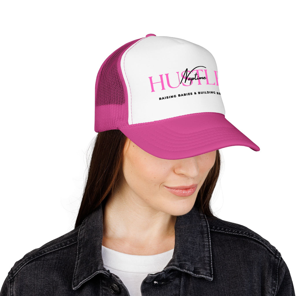 Hustler Mom Trucker Hat — "Raising Babies & Building Brands" Pink Foam Cap