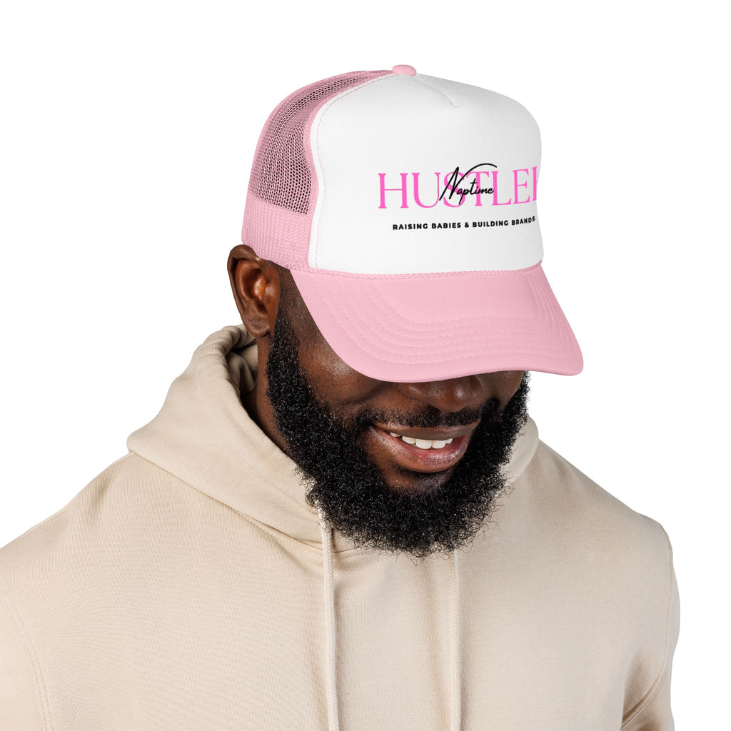 Hustler Mom Trucker Hat — "Raising Babies & Building Brands" Pink Foam Cap