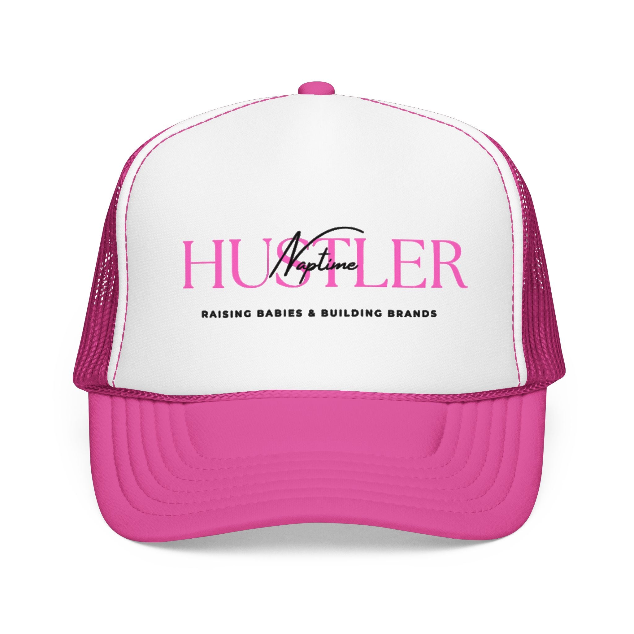 Hustler Mom Trucker Hat — "Raising Babies & Building Brands" Pink Foam Cap